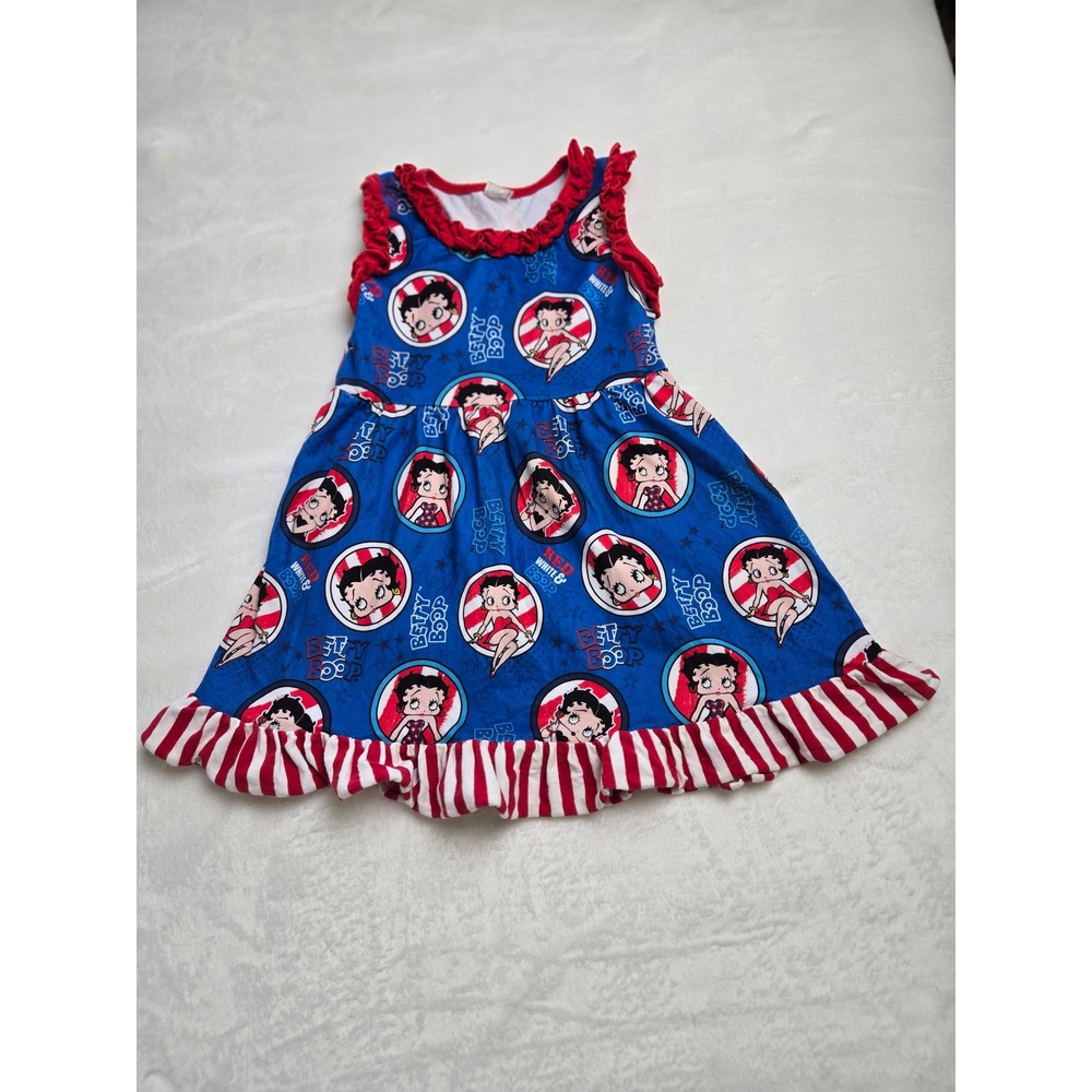 Betty Boop Girls Sleeveless Ruffle Dress Blue Red White Striped 4T Character‎